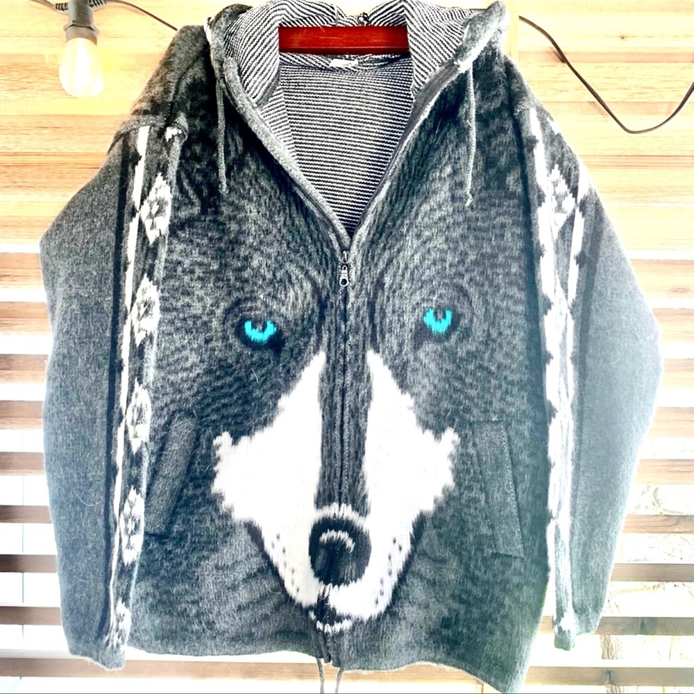 Handmade in Ecuador Wool Wolf Hooded Jacket Zip Coat 46 XL - Picture 4 of 11
